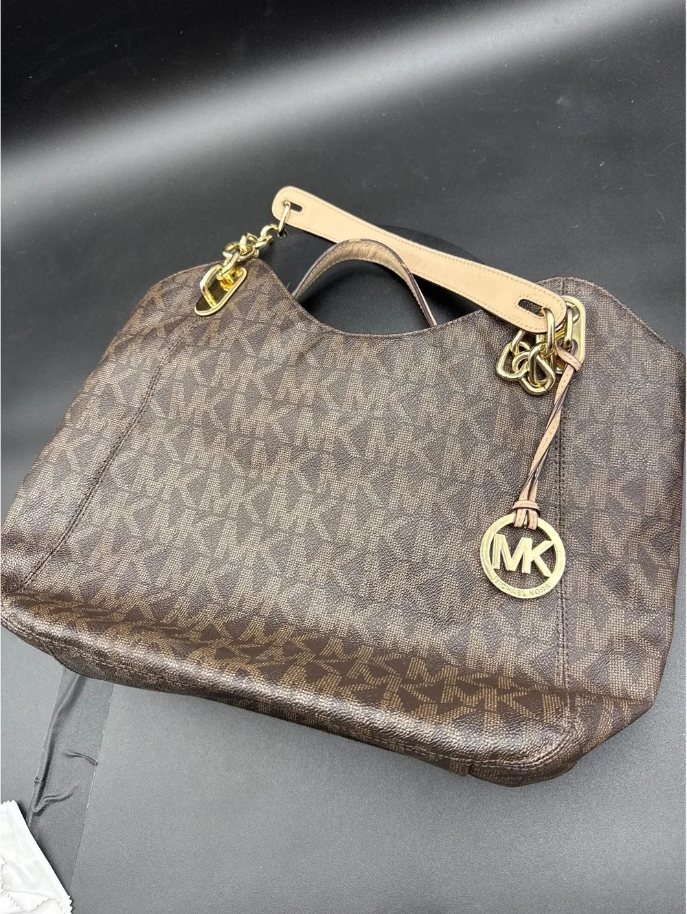 Michael Kors Large Brown MK Logo Tote Bag with Gold Chain